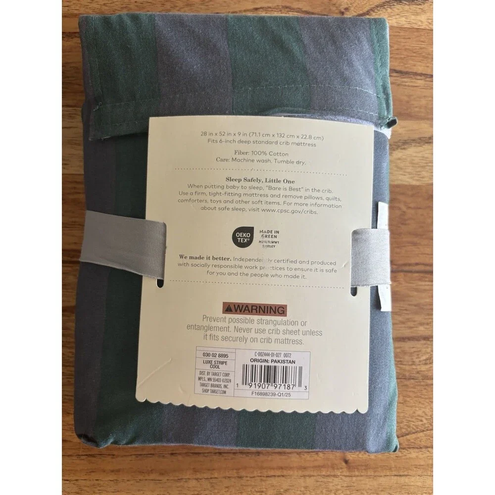 Cloud Island Crib Fitted Sheet Gray Green Stripe 100% Cotton